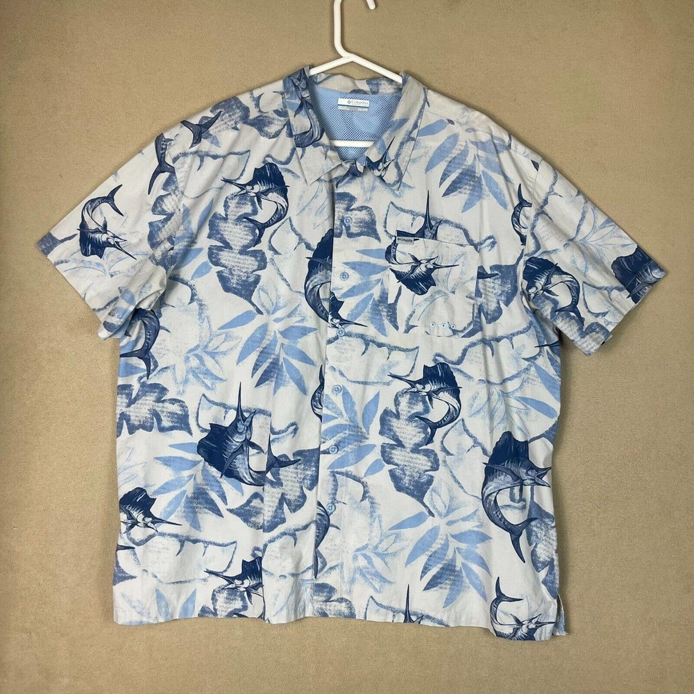 Columbia Shirt Adult 2XL Blue Marlin PFG Fishing Outdoor Short Sleeve Mens